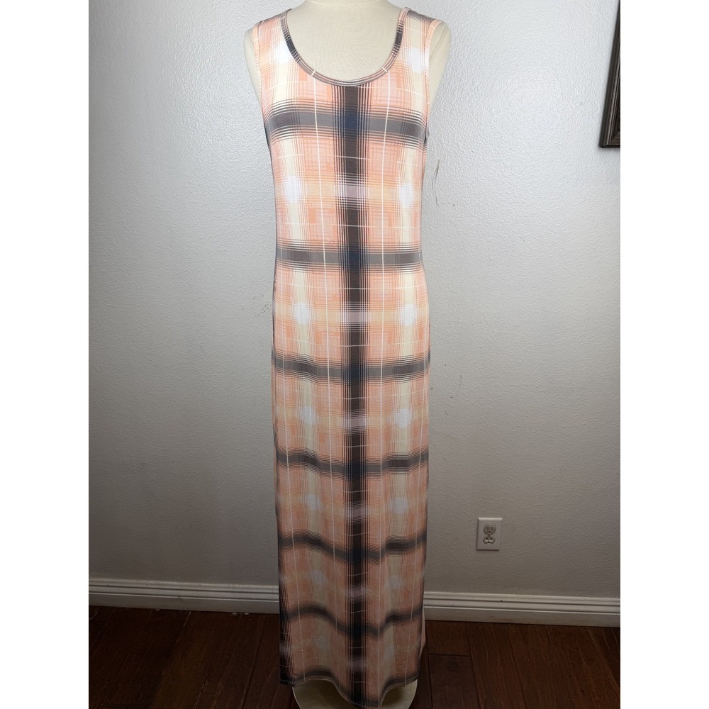 NWT LulaRoe Dani Gray White Peach Coral Plaid Scuba Maxi  Column Dress Size L